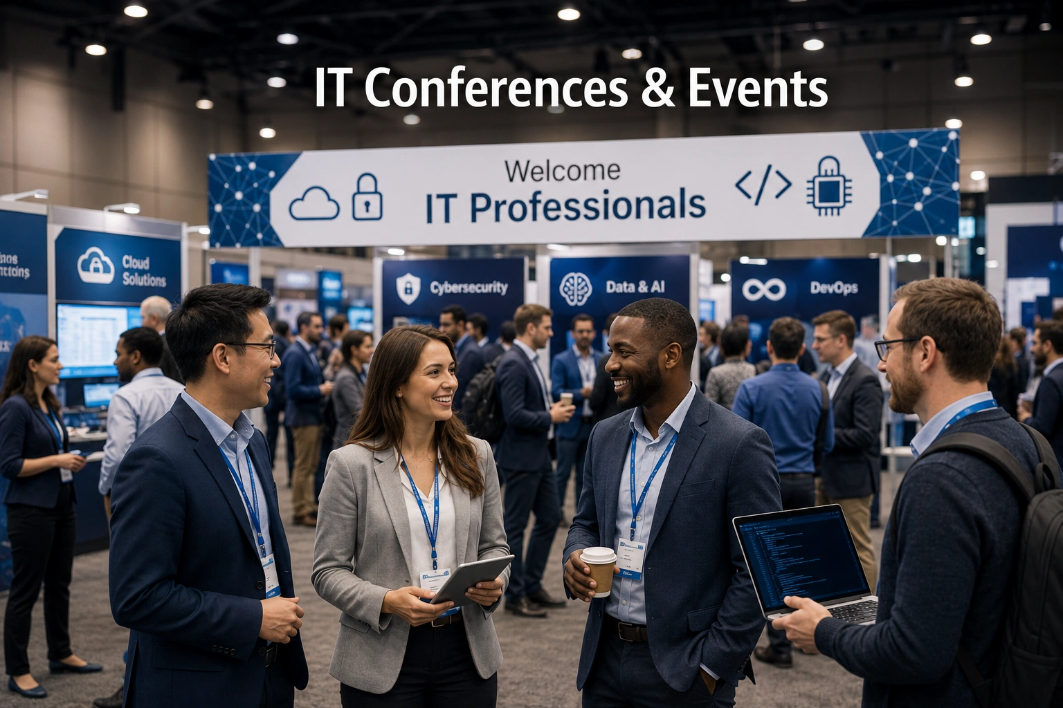 IT professionals networking at a technology conference featuring cybersecurity, cloud computing, artificial intelligence, data, and DevOps exhibitor booths.