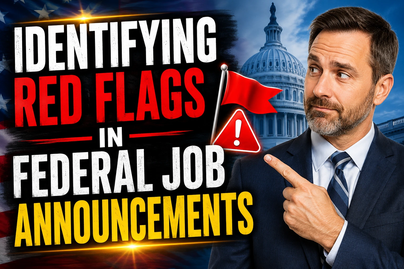 Professional man in a suit points toward “Identifying Red Flags in Federal Job Announcements” text against a U.S. Capitol and patriotic background.