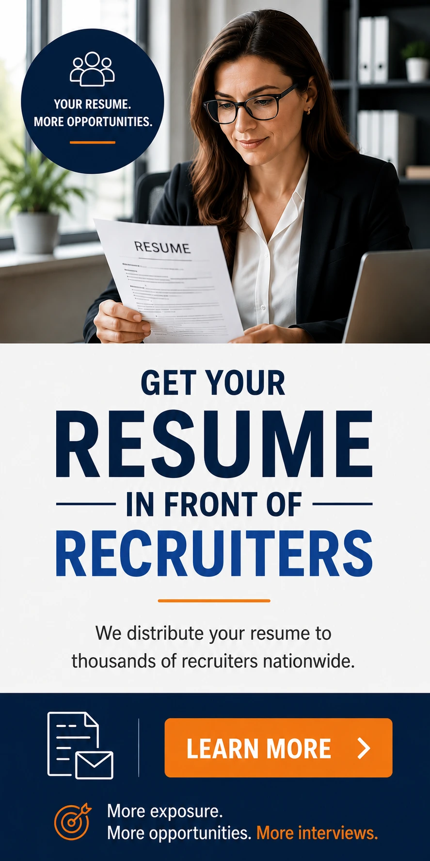 Resume Distribution service advertisement featuring a recruiter reviewing a resume with messaging about getting your resume in front of recruiters nationwide and increasing job search visibility.