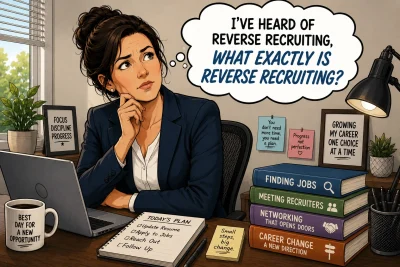 Cartoon-style illustration of a professional woman in her home office wondering what reverse recruiting is. She sits at her desk with a laptop and career-related books while a thought bubble asks, “I've heard of reverse recruiting, what exactly is reverse recruiting?