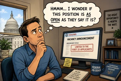 An illustration of a man sitting at his desk looking thoughtfully at a USAJOBS vacancy announcement on his computer screen. The screen shows a notice reading "Limited to the first 25 applicants" while a thought bubble above him reads, "Hmmm... I wonder if this position is as open as they say it is?" The US Capitol building is visible through the window.