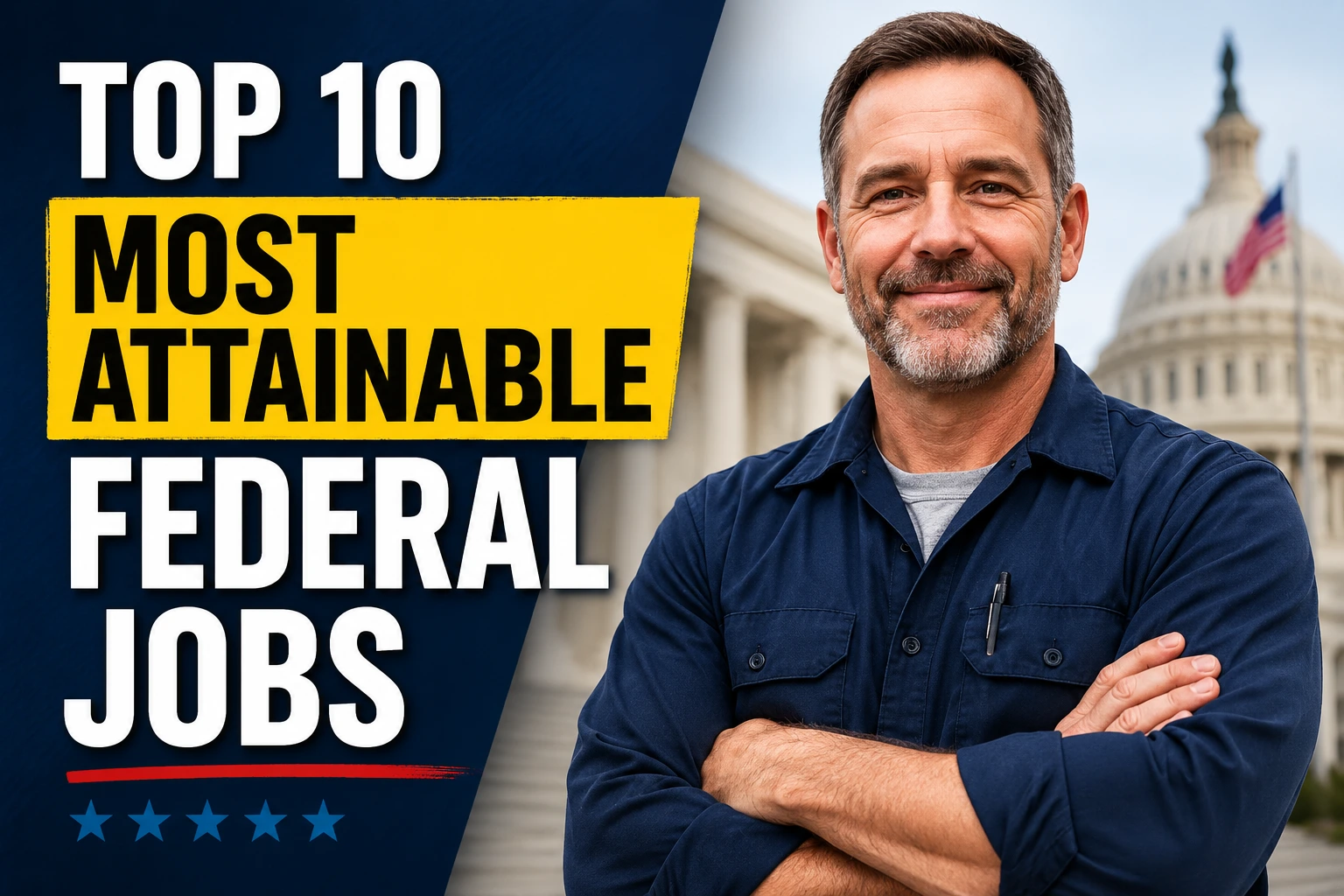 Middle-aged blue-collar federal employee standing in front of government buildings with the title "Top 10 Most Attainable Federal Jobs" displayed in bold text.