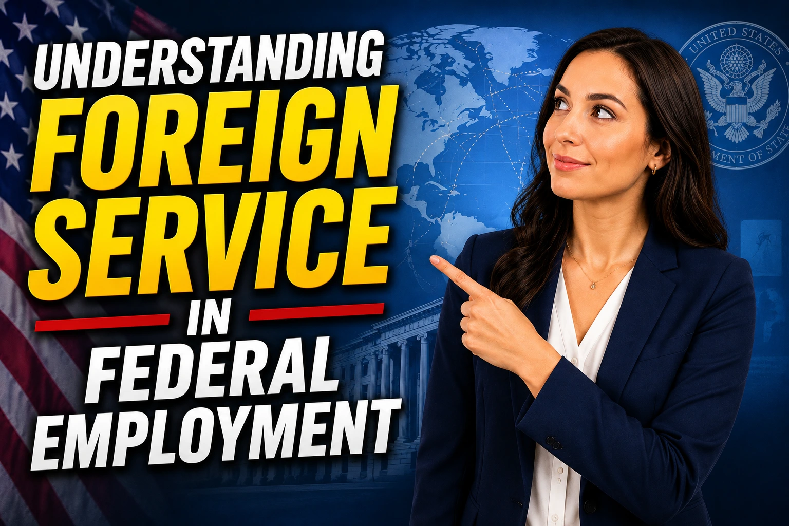 Professional woman pointing toward the title “Understanding Foreign Service in Federal Employment” with a U.S. flag, world map, and federal government imagery in the background.