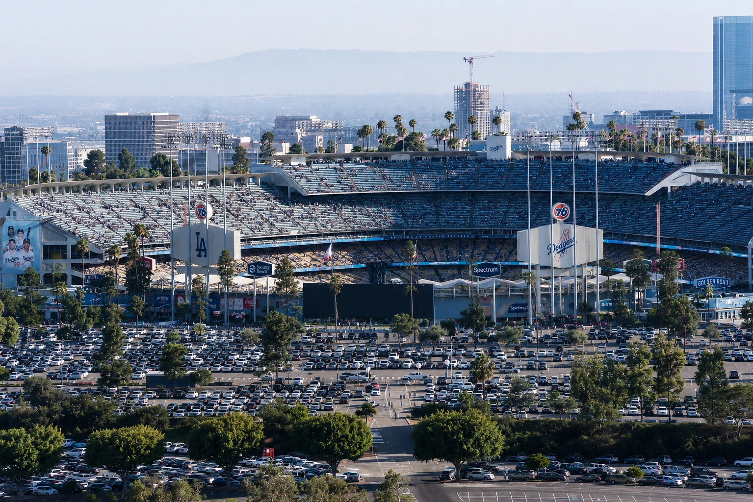Aerial view of Dodger Stadium in Los Angeles, California, highlighting the state's vibrant sports culture and athletic industry featured in the best master's in sports management programs in California.