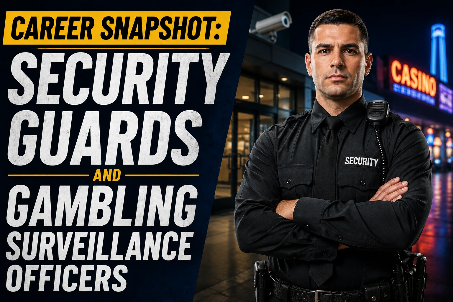 Career Snapshot thumbnail featuring a front-facing security guard in uniform with a casino and surveillance-themed background alongside the title "Security Guards and Gambling Surveillance Officers.