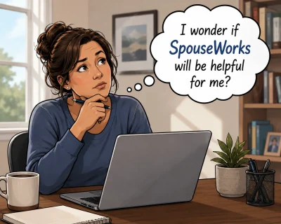 Cartoon illustration of a military spouse in a home office wondering if the SpouseWorks program can help her build her career.