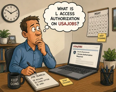 Political cartoon of a job seeker in his home office reviewing a USAJOBS posting and wondering what L Access Authorization means.