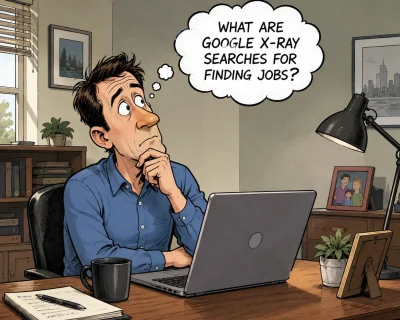 Cartoon illustration of a job seeker in a home office wondering what Google X-Ray searches are and how they can help find jobs.