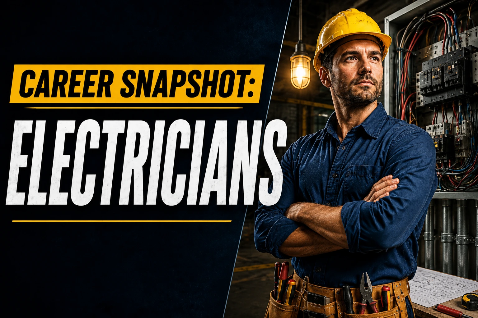 Career Snapshot: Electricians thumbnail featuring a professional electrician in a hard hat standing beside an electrical panel, with bold text highlighting the electrician career.