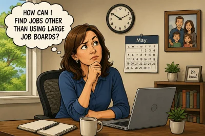 Political cartoon of a job seeker in her home office wondering how to find jobs beyond large job boards like LinkedIn and Indeed. A thought bubble reflects her search for alternative job search strategies while she sits at her laptop surrounded by everyday home office décor.