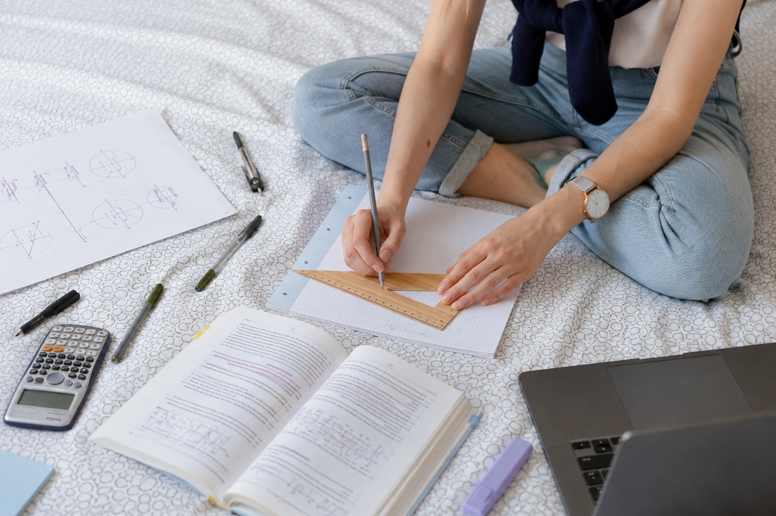 Overhead view of a student studying geometry on a bed, using a pencil and ruler with graph paper, textbooks, calculator, pens, and laptop nearby.