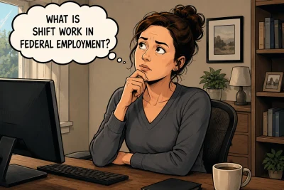 Political cartoon-style illustration of a woman in a home office pondering the question, “What Is Shift Work in Federal Employment?