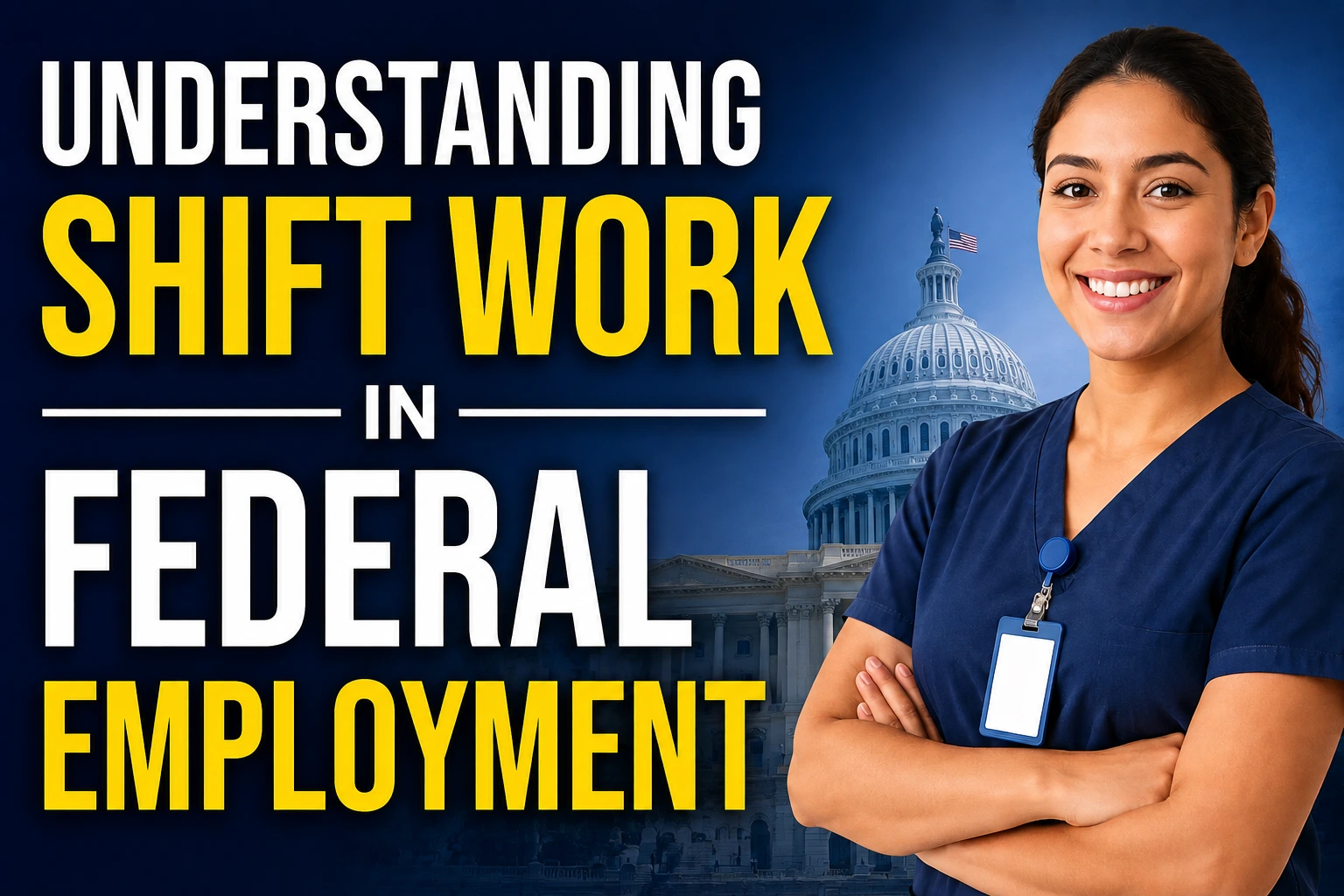 Understanding shift work in federal employment, with a federal employee and U.S. Capitol background representing government jobs and work schedules.
