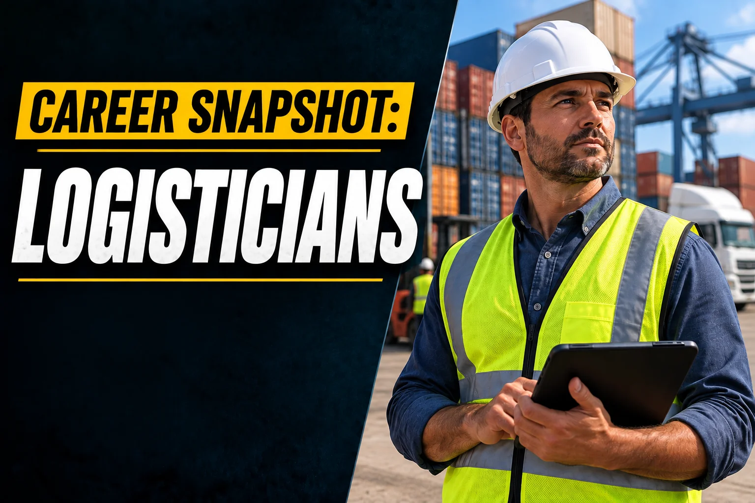 Career Snapshot: Logisticians thumbnail featuring a logistics professional in a hard hat and safety vest using a tablet at a shipping port with cargo containers, cranes, and trucks in the background.