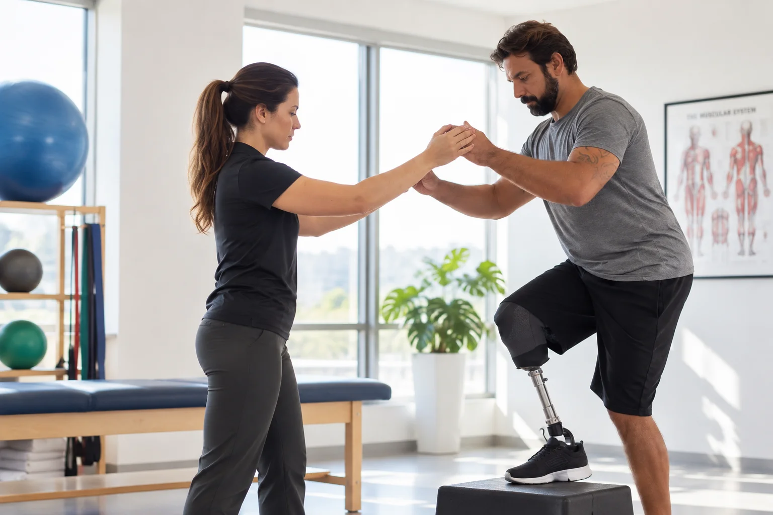 Physical therapist assisting a man with a prosthetic leg during rehabilitation exercises, preparing to return to work after a workplace injury.