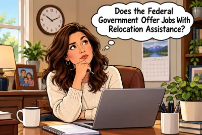 Political cartoon of a woman job seeker sitting thoughtfully at her laptop in a comfortable home office, wondering, “Does the Federal Government Offer Jobs With Relocation Assistance?” The office features a wall clock, calendar, family photo, books, and houseplants, illustrating a common question about federal employment and relocation benefits.