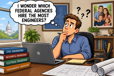 Cartoon of an engineer in his home office pondering which federal agencies hire the most engineers, with a thought bubble, engineering blueprints, technical textbooks, and a family photo in the background.